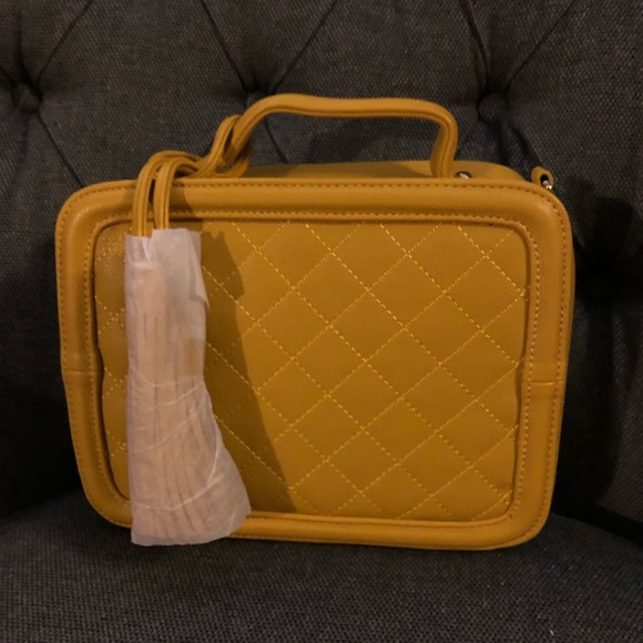 Mustard Quilted Box Satchel Purse Adjustable Strap - Picture 3 of 7